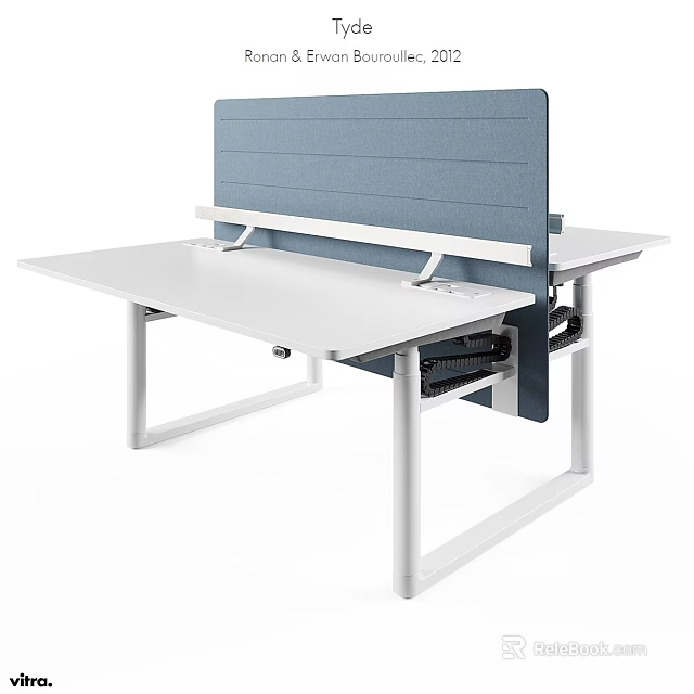 Modern Office Desk And Chair Set With White Tabletop Metal Frame And Blue Partition 3d model 
