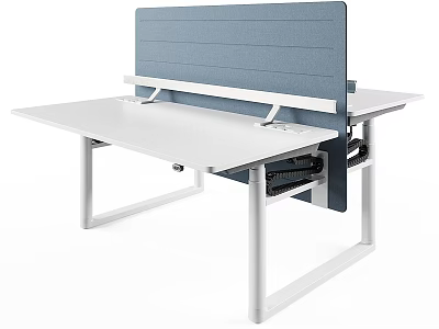 Modern Office Desk And Chair Set With White Tabletop Metal Frame And Blue Partition 3d model