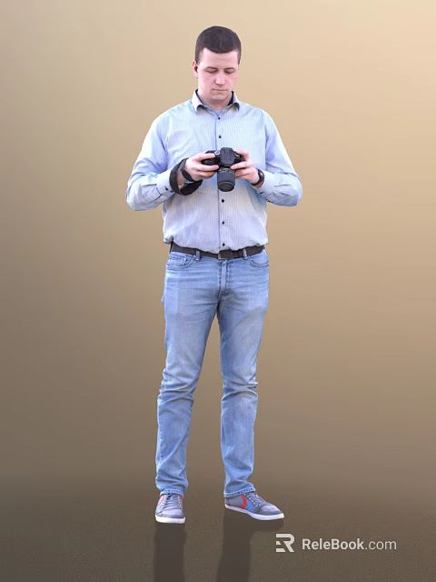 Man In Light Blue Shirt And Blue Jeans Holding Camera Against Brown Background 3d model 
