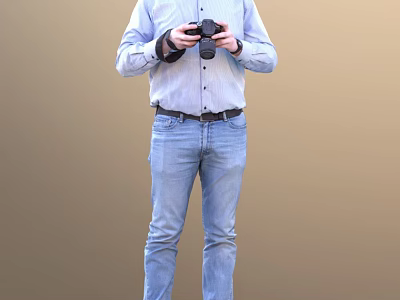 Man In Light Blue Shirt And Blue Jeans Holding Camera Against Brown Background 3d model