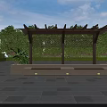 Outdoor Wooden Pergola With Stone Benches Green Plants And Flower Beds Under Blue Sky