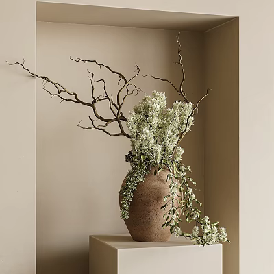 Terracotta Vase Floral Display with White Flowers Twigs Green Trailing Vines on Beige Wall Shelf 3d model