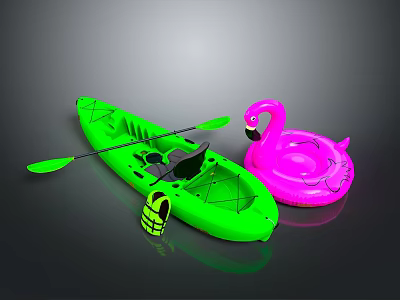Green Kayak With Paddle And Pink Flamingo Inflatable Water Toys For Summer 3d model