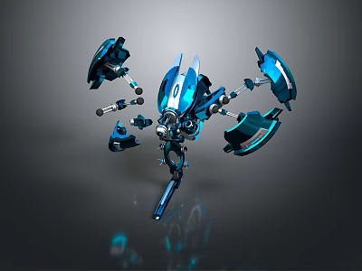 Futuristic Blue Mechanical Robot With Multiple Metallic Arms And Wing Like Components 3d model
