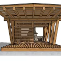 Wooden Pergola With Supporting Columns Bench Table And Fireplace In Outdoor Space