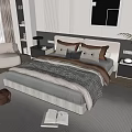 Modern Double Bed with Upholstered Headboard Multiple Pillows Striped Blanket Side Nightstands and Green Plant