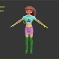 3D Cartoon Character Model With Pink Hair Green Eyes White Tshirt And Red R Letter