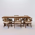 Rustic Wooden Dining Table Set With Four Upholstered Chairs For Home Dining Room 3d model