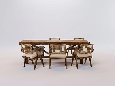 Rustic Wooden Dining Table Set With Four Upholstered Chairs For Home Dining Room 3d model
