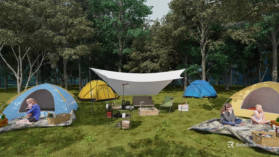 Garden Landscape With Green Grass Blue Yellow Tents White Canopy People Camping And Surrounding Trees 3d model 