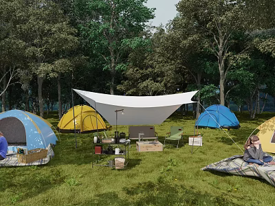 Garden Landscape With Green Grass Blue Yellow Tents White Canopy People Camping And Surrounding Trees 3d model
