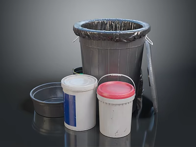 Household Storage Buckets Including Metal Drum And Plastic Containers With Red White Black Lids 3d model