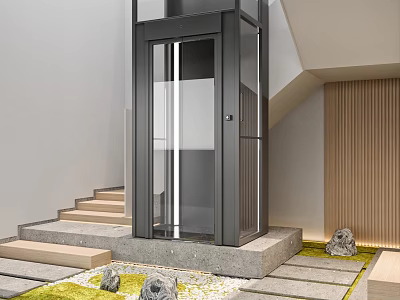 Modern Home Elevator Interior With Staircase Stone Decorations And Grass Area 3d model