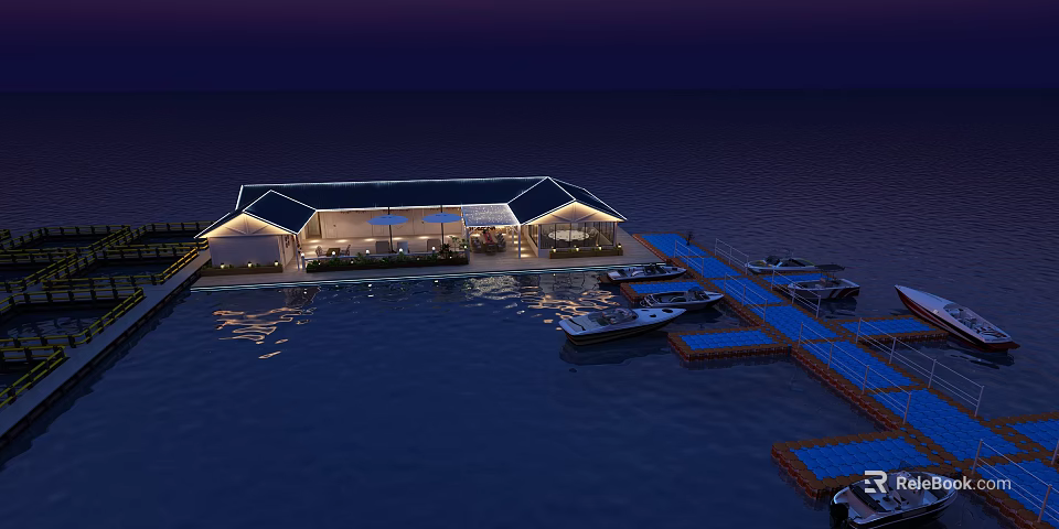 Waterfront Boutique Hotel Building With Modern Design Night View And Dock Boats 3d model 