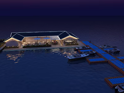Waterfront Boutique Hotel Building With Modern Design Night View And Dock Boats 3d model