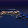 Waterfront Boutique Hotel Building With Modern Design Night View And Dock Boats