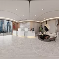 Modern Hotel Lobby Interior With Marble Reception Desk Sofa Area Decorative Mirror And City View