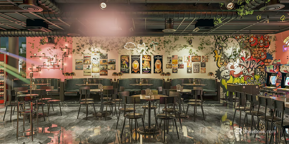 Vintage Bar Interior Design With Retro Posters Wooden Tables And Green Plants 3d model 