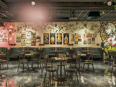 Vintage Bar Interior Design With Retro Posters Wooden Tables And Green Plants 3d model