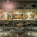 Vintage Bar Interior Design With Retro Posters Wooden Tables And Green Plants