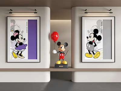 Vibrant Abstract Paintings Featuring Mickey Minnie Mouse With Red Balloon And Framed Display In Interior 3d model