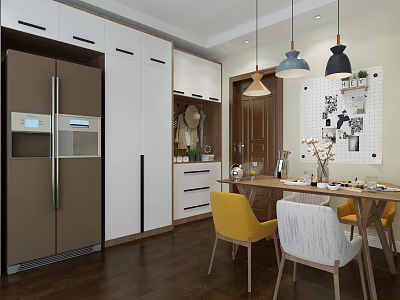 Modern Restaurant Kitchen Interior With White Brown Cabinets Dining Table Chairs And Pendant Lights 3d model