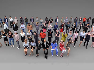 Diverse Group of People in Various Poses Standing and Sitting with Different Clothing Styles 3d model