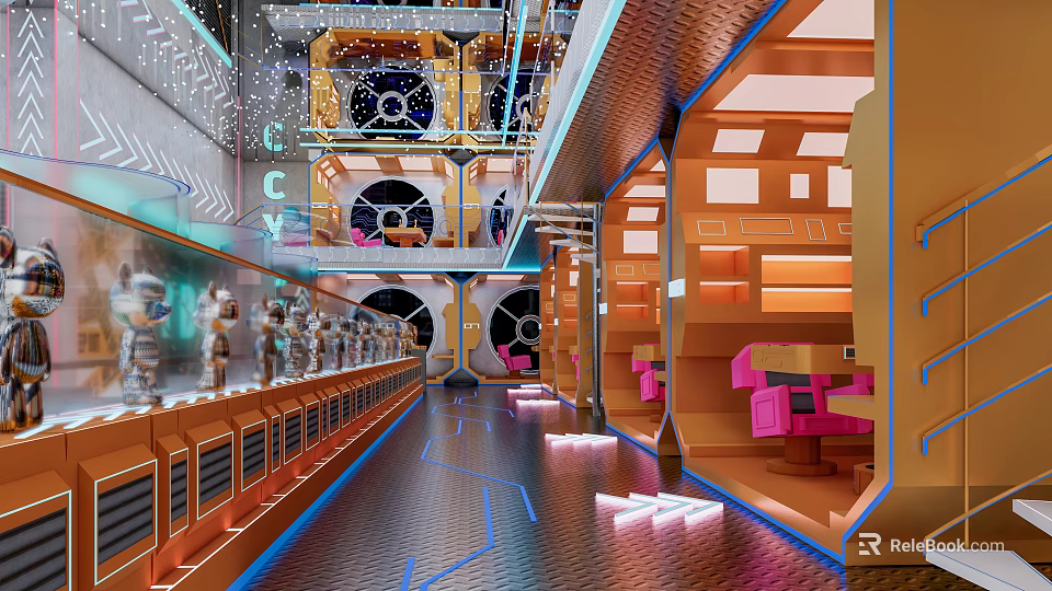 Futuristic Cybercafe Interior With Tech Inspired Design Comfortable Seats And Neon Lights 3d model 
