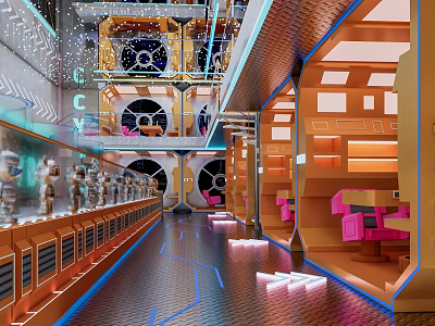 Futuristic Cybercafe Interior With Tech Inspired Design Comfortable Seats And Neon Lights 3d model