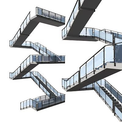 Modern Multi Level Stairs Design With Glass Railings And Metal Frame Structure 3d model