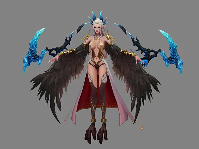 Mythical Fantasy Female Character With White Hair Black Wings Red Boots And Blue Ice Weapons 3d model