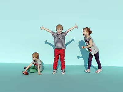 Three Children Playing With Arms Outstretched Standing And Crawling On Light Blue Background With Shadows 3d model