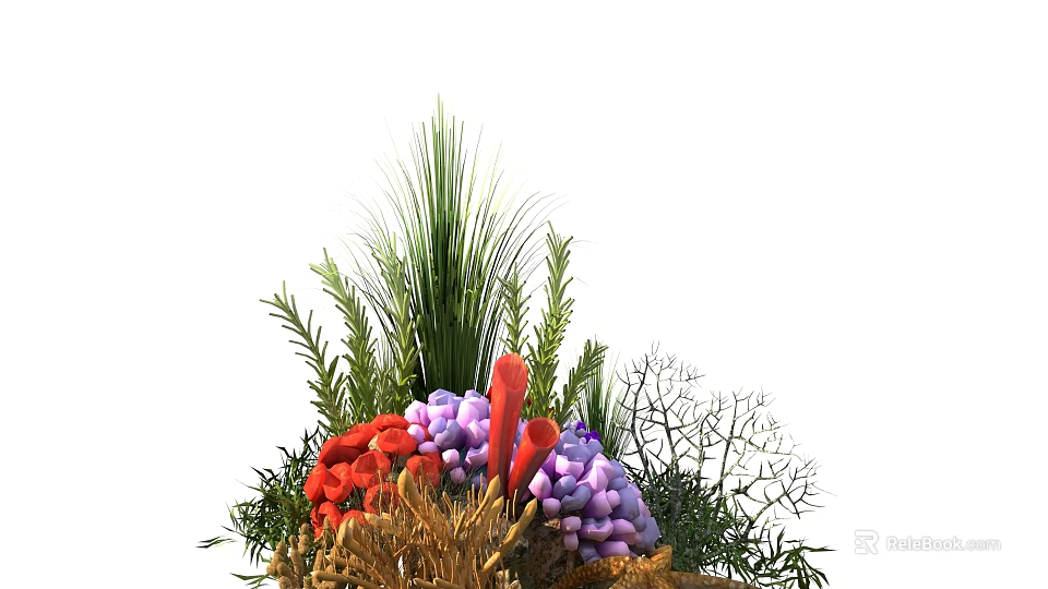 Colorful Flowers and Green Plants with Red Purple Blooms and Lush Fern Leaves 3d model 