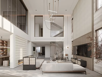 Modern Living Dining Room Interior Design With High Ceiling Chandelier And Light Sofa TV Wall 3d model