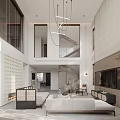 Modern Living Dining Room Interior Design With High Ceiling Chandelier And Light Sofa TV Wall