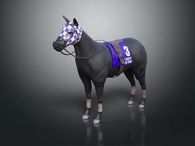 Black Racehorse with Checkered Mask Purple Saddle Pad and Number 3 3d model