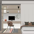 Tatami Bedroom Interior with Open Wardrobe Desk Computer Table Lamp Bookshelf Window Blinds and Rug