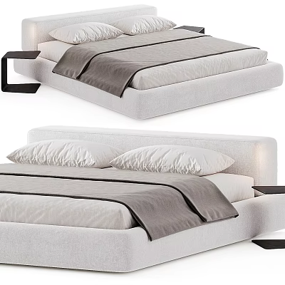 Modern Minimalist Bed Design With Gray White Bedding And Black Nightstand 3d model