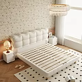 Double Bed with White Upholstered Headboard Floral Wallpaper Nightstand and Table Lamp in Bright Bedroom