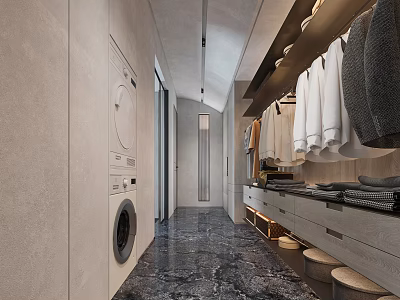 Walk-in Closet With Laundry Appliances Hallway Layout Dark Marble Floor And Clothing Storage 3d model