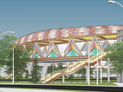 Modern Unique Building With Curved Copper Roof Triangular Structures Staircase And Surrounding Trees Streetlights 3d model