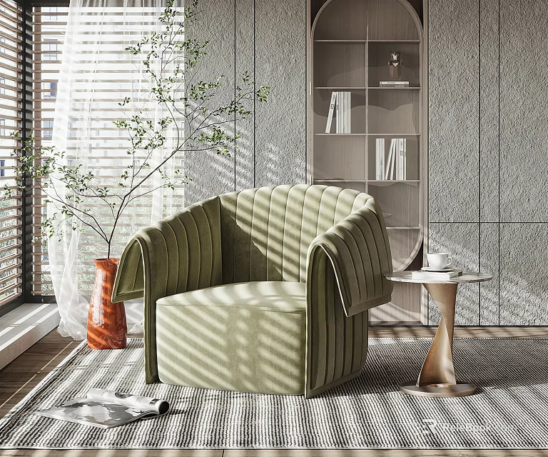 Cozy Green Armchair in Sunlit Living Room with Window Blinds Side Table Plant and Bookshelf 3d model 