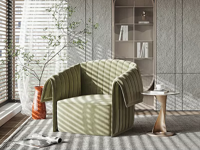 Cozy Green Armchair in Sunlit Living Room with Window Blinds Side Table Plant and Bookshelf 3d model
