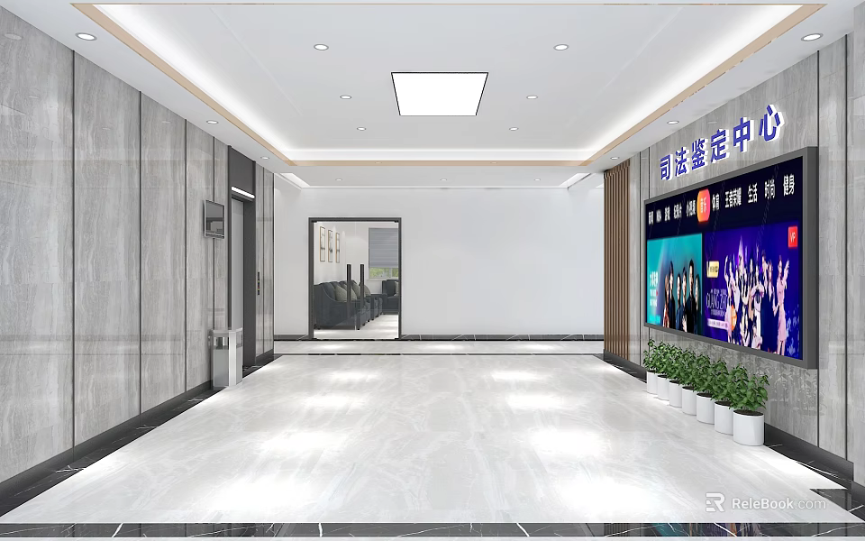 Modern Elevator Hallway With Marble Floor Stone Walls And Bright Ceiling Lights 3d model