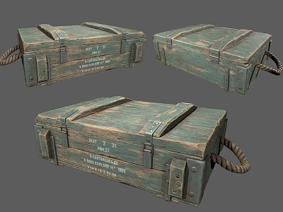 Vintage Cartoon Style Three Wooden Crates Illustration With Rope Handles And Metal Straps 3d model