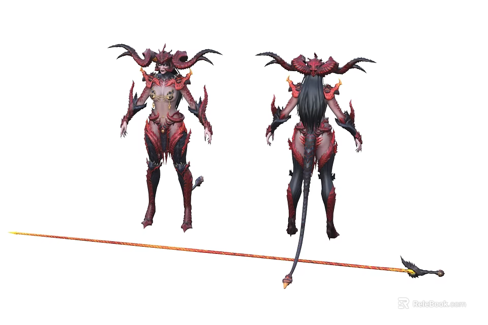 Game Movie Character Design With Red Black Armor Horns Tail And Spear 3d model 
