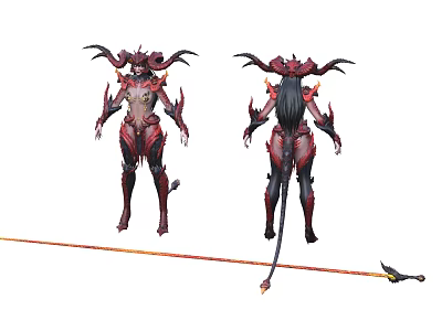 Game Movie Character Design With Red Black Armor Horns Tail And Spear 3d model