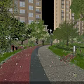 Urban Park Landscape With Red Gray Pathway Trees Flowers Lamp Posts And High Rise Buildings