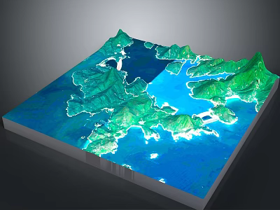 3D Geographic Terrain Model With Green Mountain Ranges And Blue Water Areas 3d model