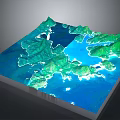 3D Geographic Terrain Model With Green Mountain Ranges And Blue Water Areas